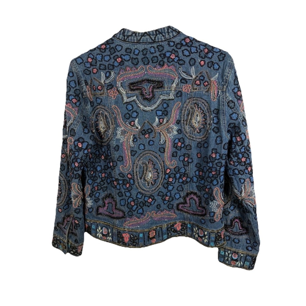 Chicos Denim Jean Jacket Beaded Blue Floral Boho Size 0 Small Artsy Western READ